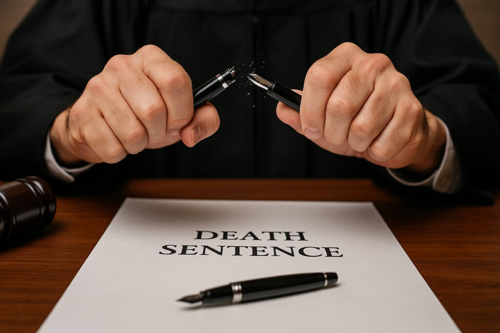A judge breaking his pen after giving death sentence to a convict.